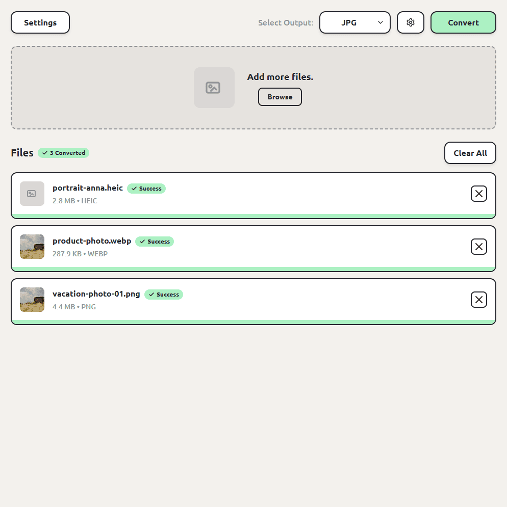 ConvertSave showing a mixed batch of images all converted to JPG