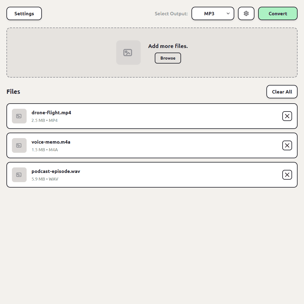 ConvertSave with an MP4 video, an M4A voice memo, and a WAV recording queued together, MP3 selected as the output
