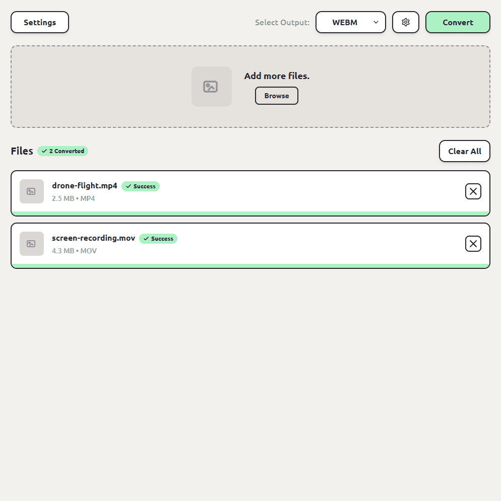 ConvertSave showing videos successfully converted to WEBM
