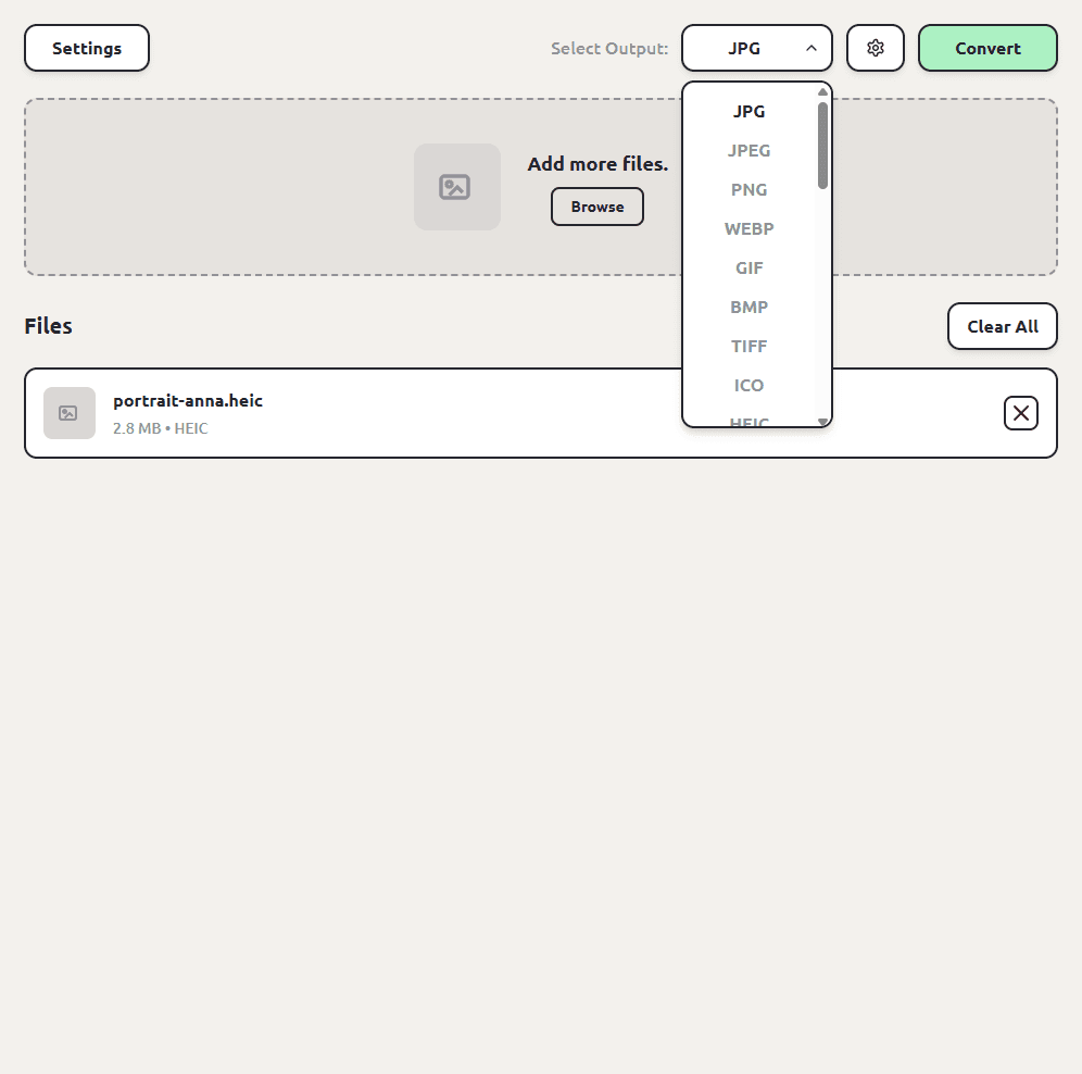 ConvertSave with a HEIC photo queued and the output format dropdown open, with JPG at the top of the list