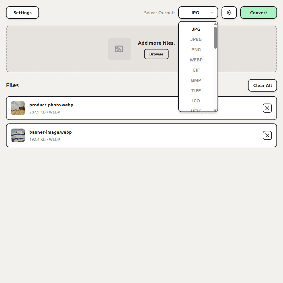 ConvertSave with two WEBP images queued and the output dropdown open with JPG at the top