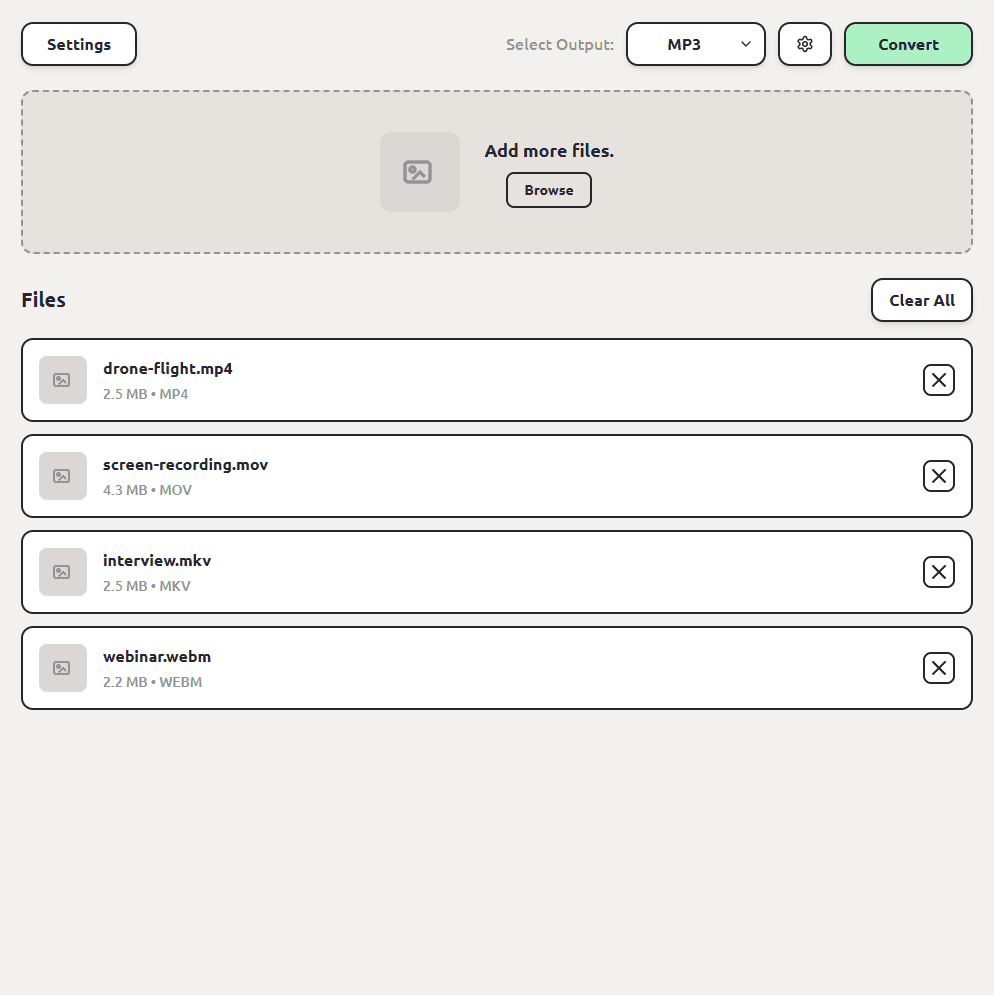 ConvertSave with MP4, MOV, MKV, and WEBM videos queued and MP3 selected as the output