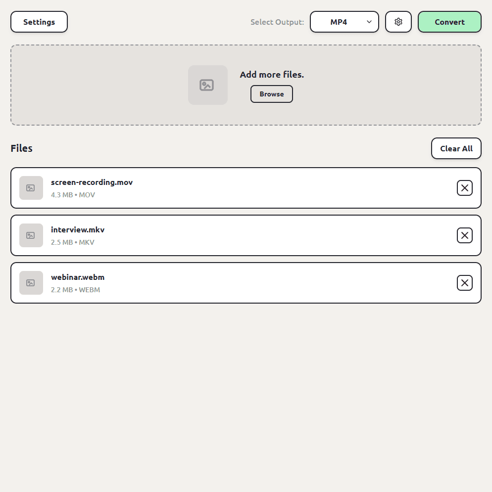 ConvertSave with MOV, MKV, and WEBM videos queued together and MP4 selected as the output