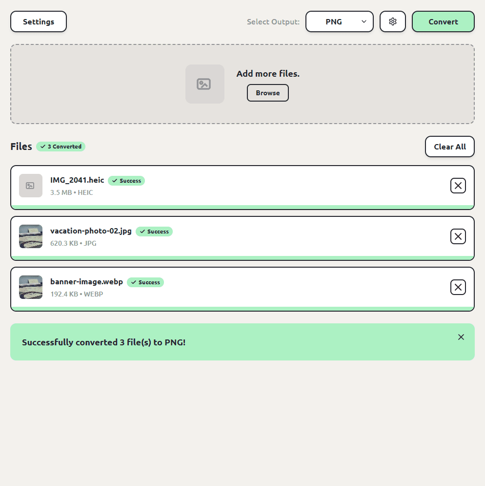 ConvertSave showing a mixed batch of images all converted to PNG