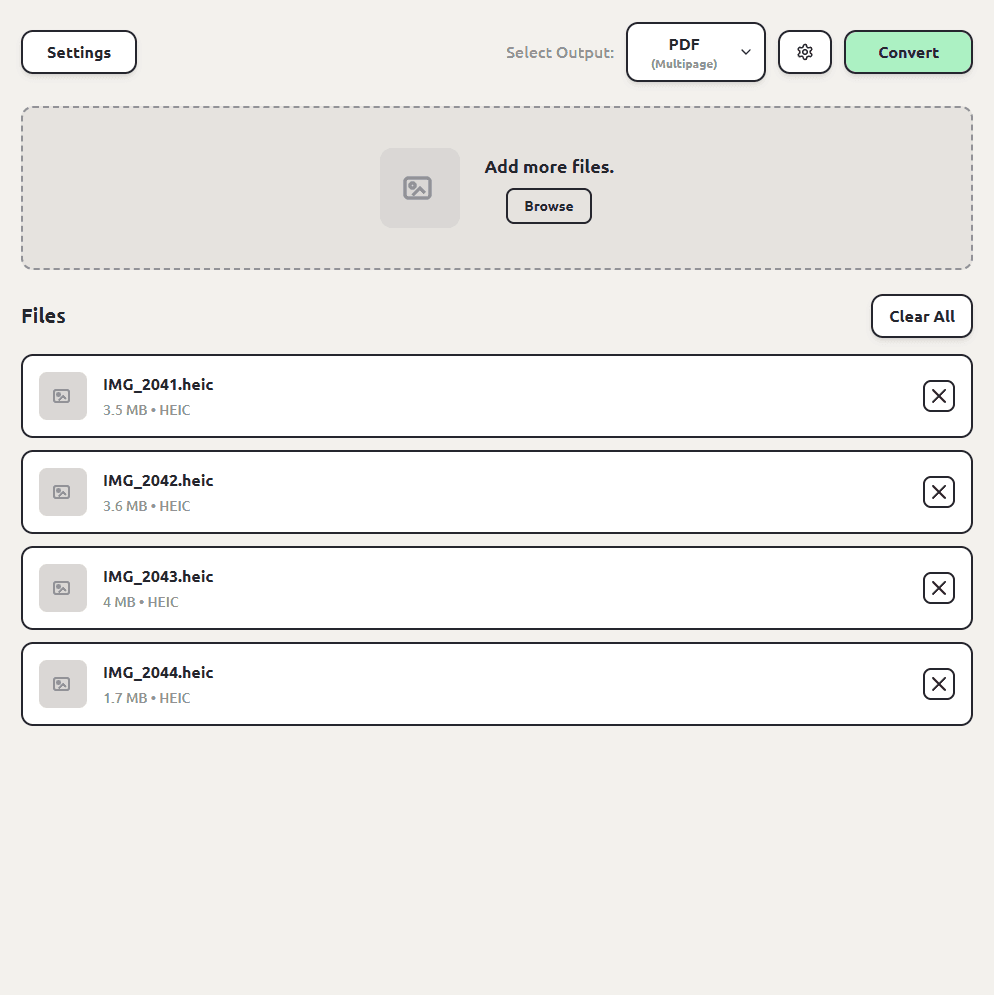 ConvertSave showing four HEIC photos successfully combined into one multipage PDF