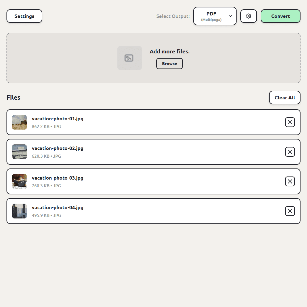 ConvertSave with four photos queued and PDF (Multipage) selected to combine them into one PDF