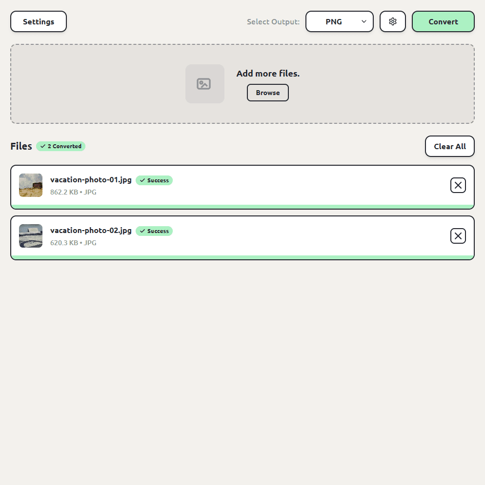 ConvertSave showing JPG photos successfully converted to PNG