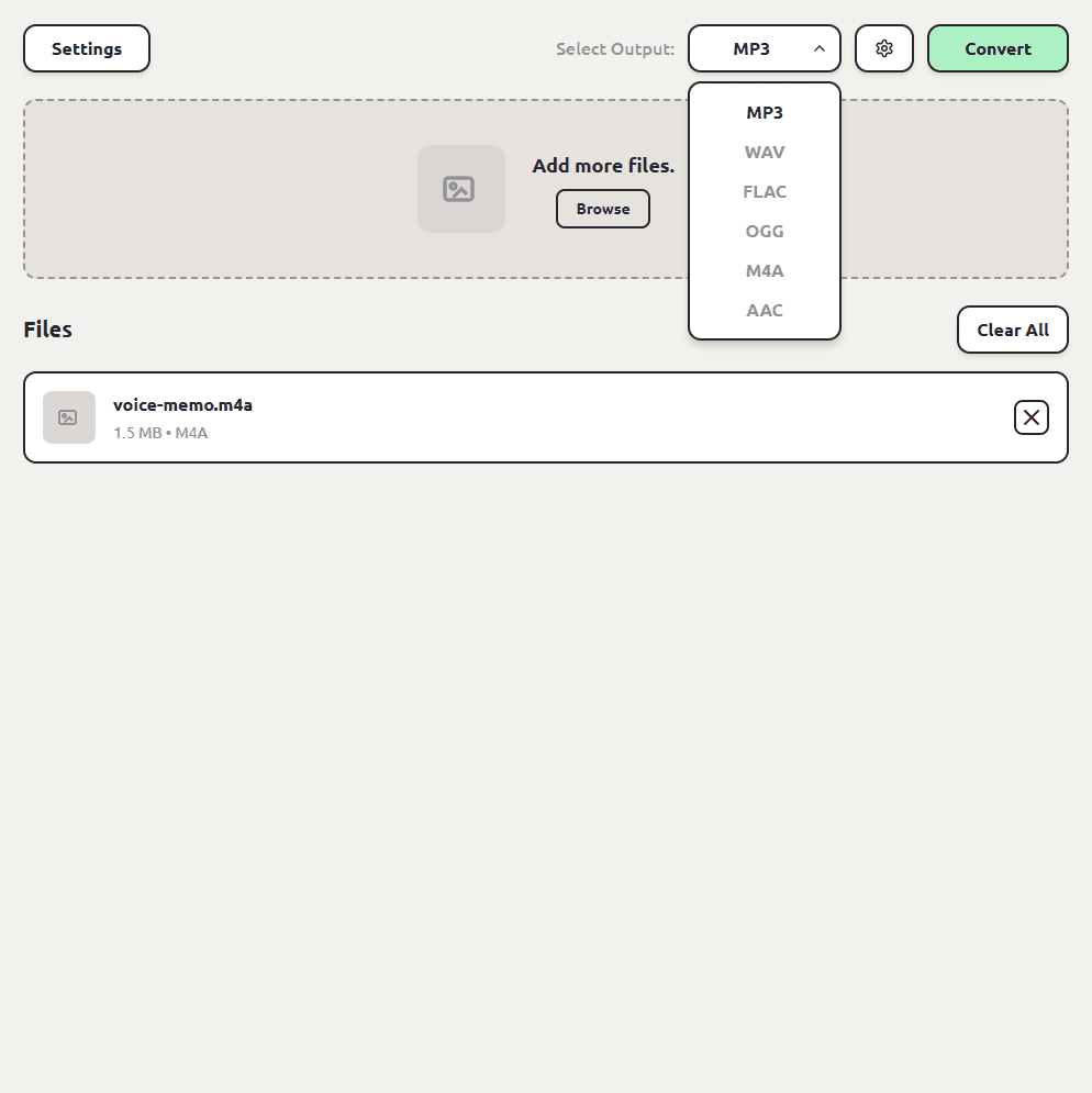 ConvertSave with an M4A voice memo queued and the audio output dropdown open, showing MP3, WAV, FLAC, OGG, M4A, and AAC