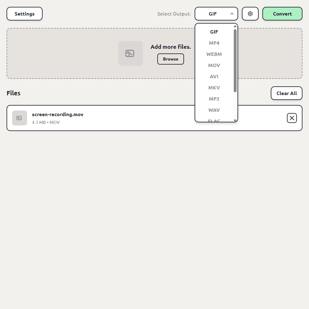 ConvertSave with a MOV video queued and the output format dropdown open, showing MP4 among the video formats