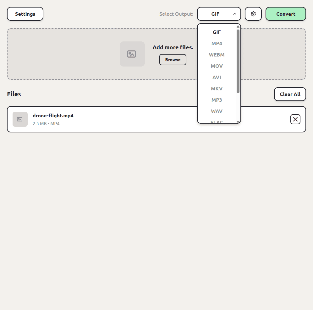 ConvertSave with an MP4 file queued and the output format dropdown open, showing MP3 among the choices