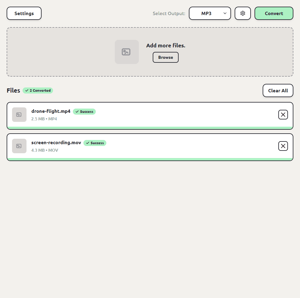 ConvertSave showing finished video to MP3 conversions