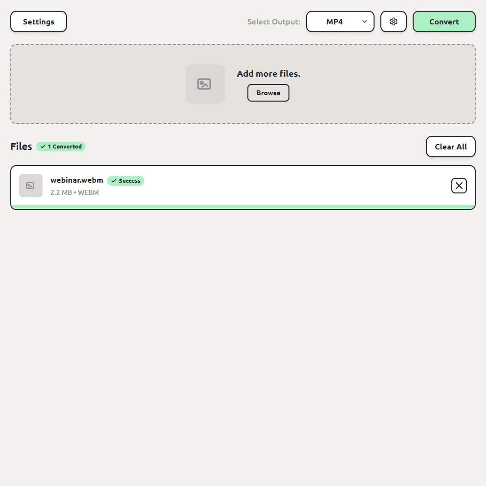 ConvertSave showing a finished WEBM to MP4 conversion